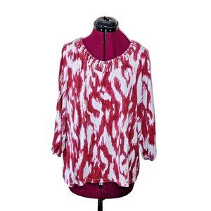 Chico's Blouse Top Red White Womens Size 3  Size XL Pullover Ikat Print